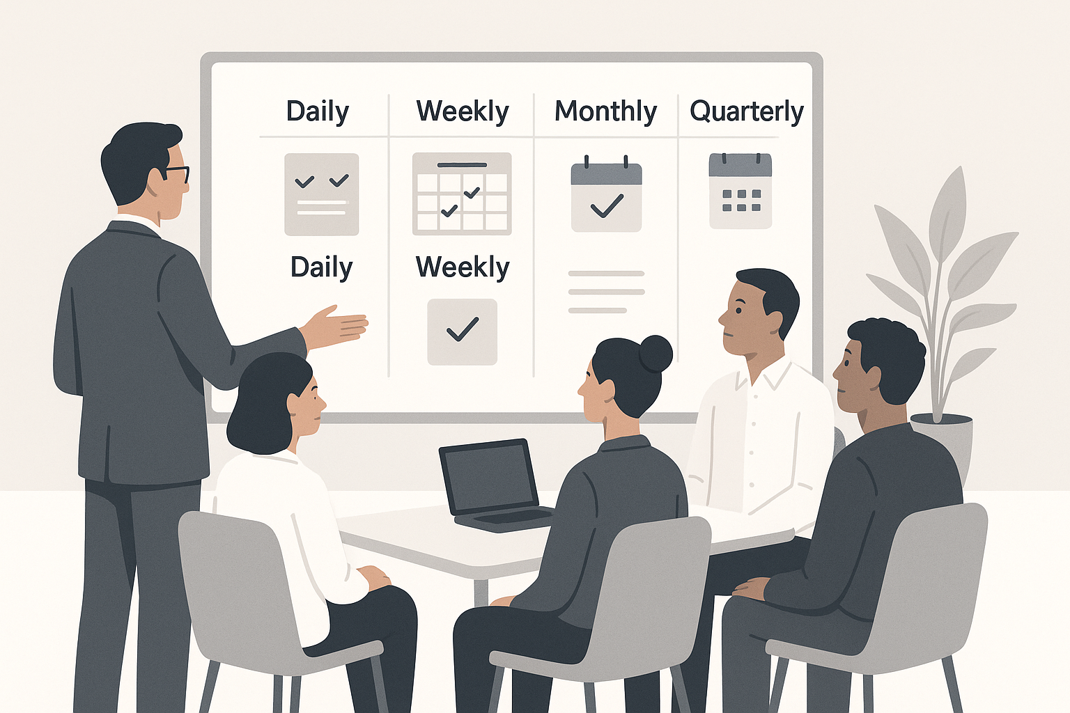 Team reviewing a cadence board with Daily, Weekly, Monthly and Quarterly columns
